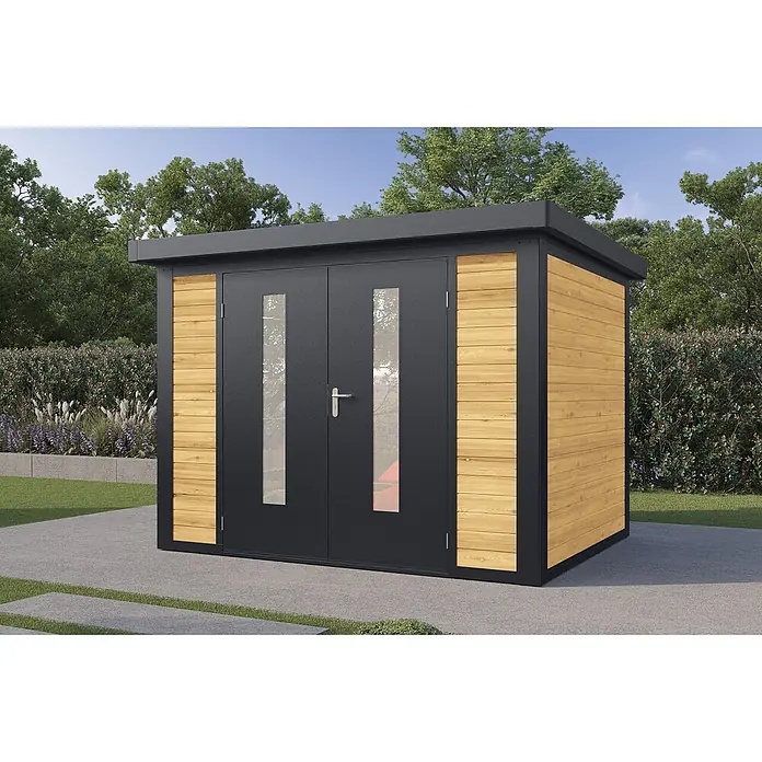 Wolff Finnhaus Gartenhaus Henrik Master Line - Außenmaß inkl. Dachüberstand (B x T): 324 x 272 cm, Holz, Kiefer - Moderner dunkelgrauer und hölzerner Gartenschuppen mit Doppeltüren und vertikalen Glaseinsätzen, in einem Garten.