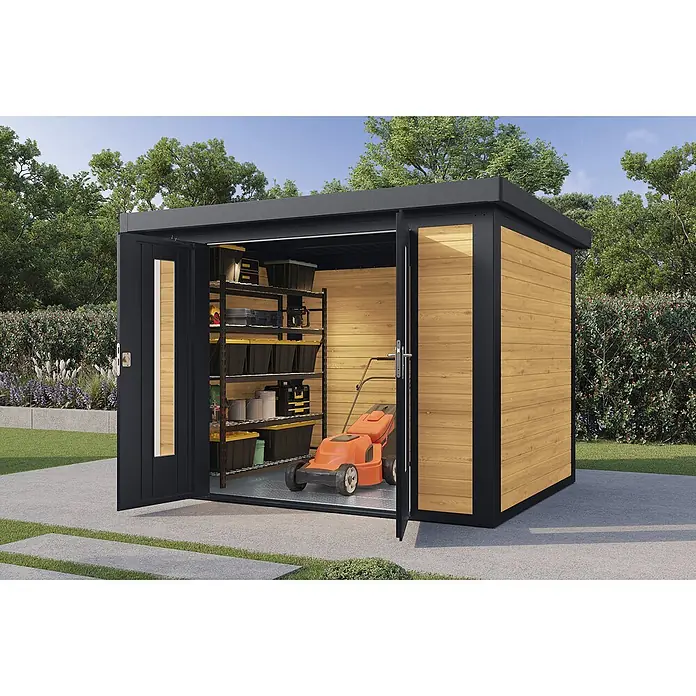 Wolff Finnhaus Gartenhaus Henrik Master Line - Außenmaß inkl. Dachüberstand (B x T): 324 x 272 cm, Holz, Kiefer - Moderner Gartenschuppen mit dunklem Rahmen und Holzoptik-Paneelen, Türen offen mit Metallregalen, Behältern und Rasenmäher.