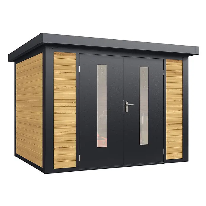 Wolff Finnhaus Gartenhaus Henrik Master Line - Außenmaß inkl. Dachüberstand (B x T): 324 x 272 cm, Holz, Kiefer - Moderner Gartenhaus mit anthrazitfarbenem Metallrahmen, Naturholzverkleidung und Doppeltüren mit Fenstern.