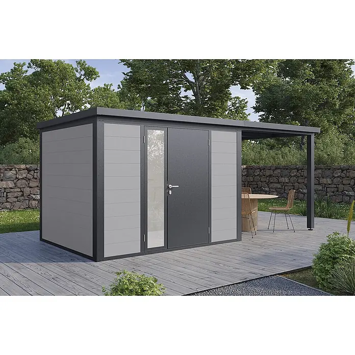 Wolff Finnhaus Gartenhaus Juna Prime Line - Außenmaß inkl. Dachüberstand (B x T): 519 x 247 cm, Verbundwerkstoff, Anthrazit - Moderne graue Gartenhütte mit dunkelgrauem Rahmen und integrierter Pergola auf Holzterrasse mit Gartenmöbeln.