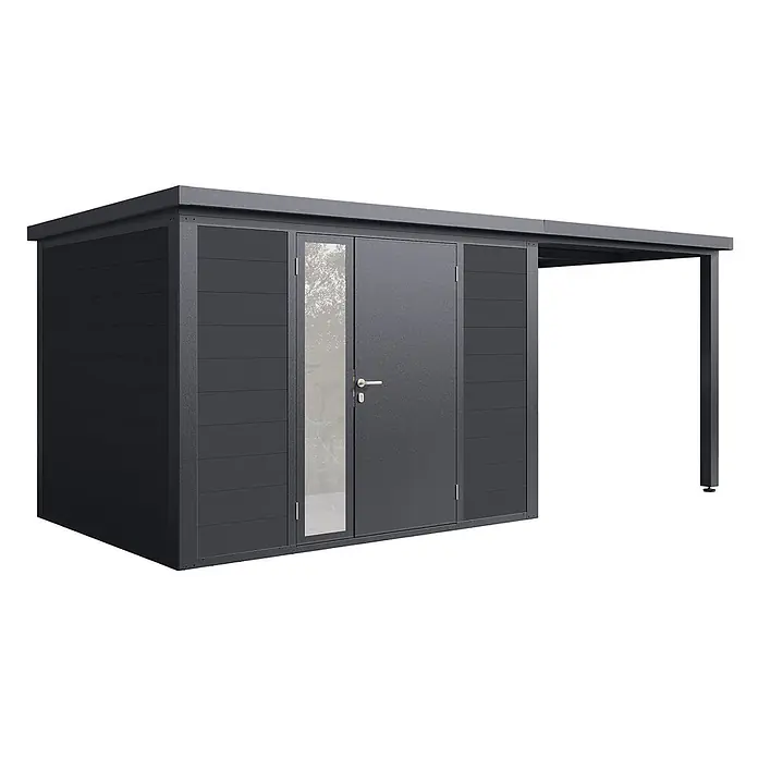 Wolff Finnhaus Gartenhaus Juna Prime Line - Außenmaß inkl. Dachüberstand (B x T): 519 x 247 cm, Verbundwerkstoff, Anthrazit - Dunkelgraues Metall-Gartenhaus mit horizontalen Paneelen, Doppeltüren (eine verglast) und integriertem Carport.
