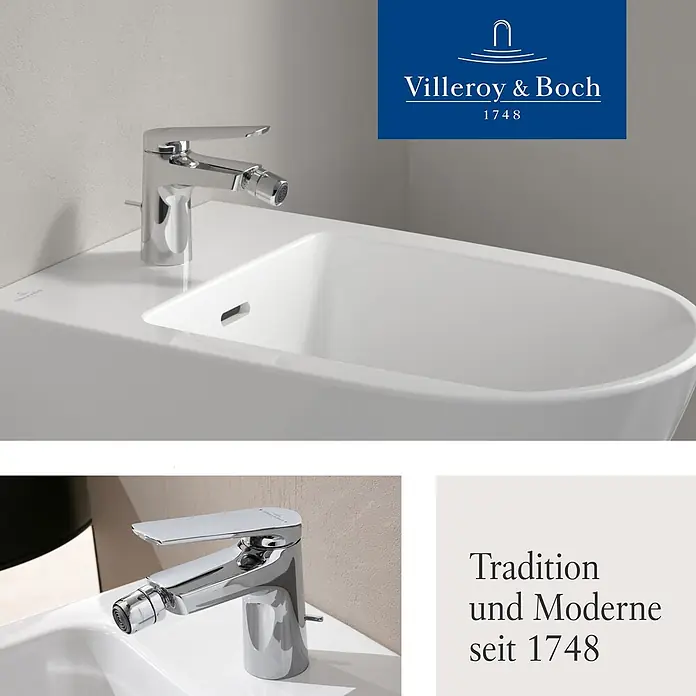 Villeroy & Boch Thermostatarmatur - Breite: 4,5 mm, Chrom, Hochglänzend - Weißes Keramik-Bidet mit modernem verchromten Einhebelmischer.