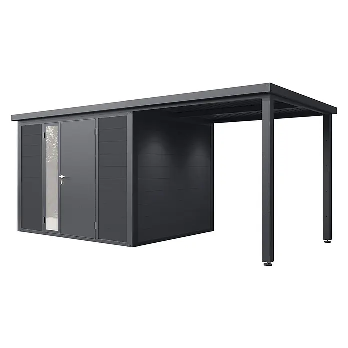Wolff Finnhaus Gartenhaus Juna Prime Line - Außenmaß inkl. Dachüberstand (B x T): 519 x 247 cm, Verbundwerkstoff, Anthrazit - Dunkelgrauer Metallschuppen mit Tür und integriertem offenem Carport, ideal für Stauraum und Unterstand.