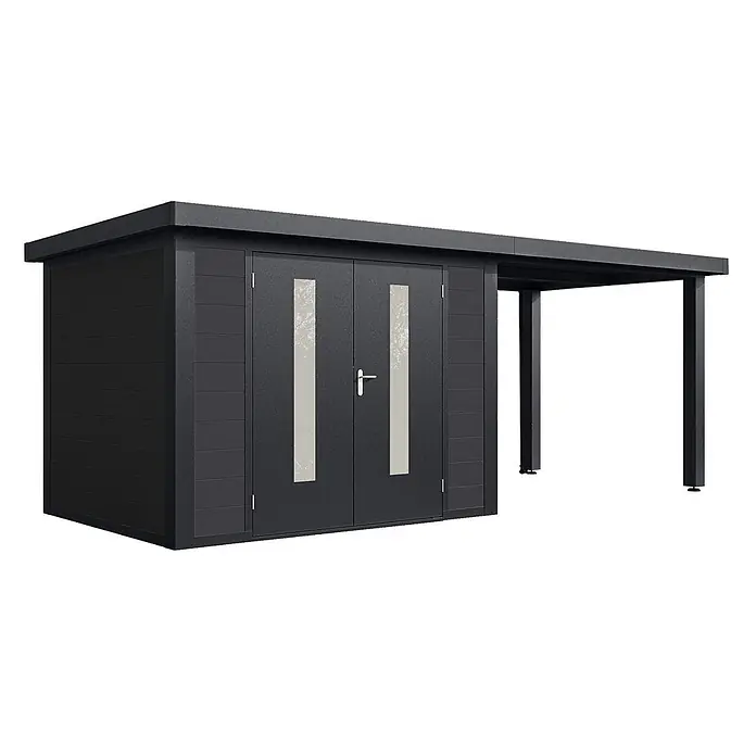 Wolff Finnhaus Gartenhaus Olin Master Line - Außenmaß inkl. Dachüberstand (B x T): 610 x 272 cm, Verbundwerkstoff, Anthrazit - Dunkelgrauer Geräteschuppen mit Doppeltüren und vertikalen Einsätzen, sowie integriertem Carport.