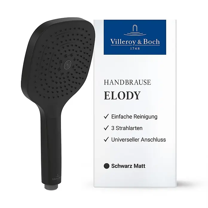 Villeroy & Boch Brausegarnitur - Art Strahl: Mix-Strahl, Matt Black - Mattschwarze Villeroy & Boch Handbrause mit drei Strahlarten. Einfache Reinigung und universeller Anschluss.