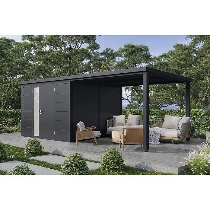 Wolff Finnhaus Gartenhaus Linnea Prime Line - Außenmaß inkl. Dachüberstand (B x T): 590 x 306 cm, Metall, Anthrazit - Dunkelgrauer Geräteschuppen mit integrierter Pergola, als Stauraum und Sitzbereich im Freien.