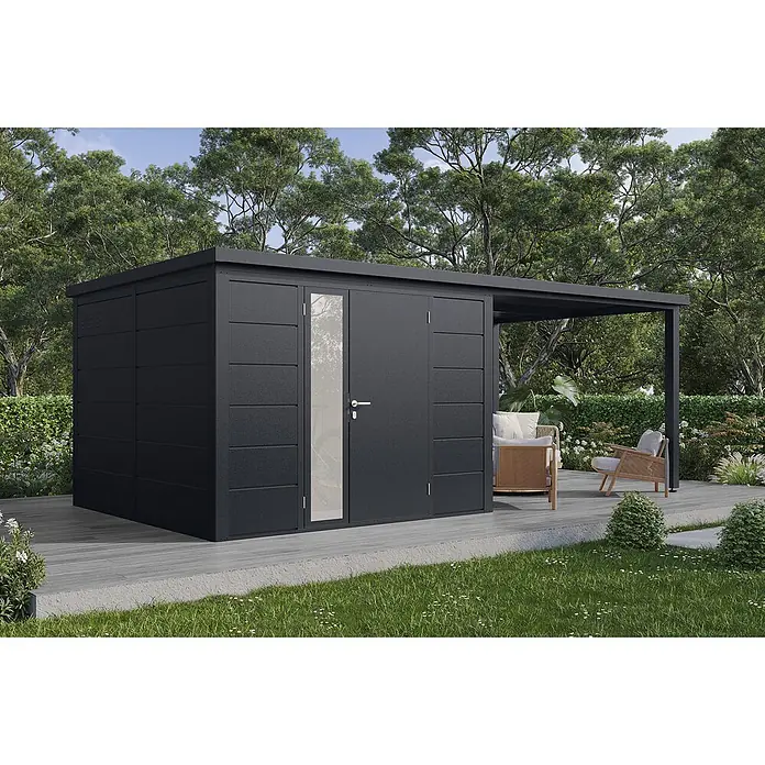 Wolff Finnhaus Gartenhaus Linnea Prime Line - Außenmaß inkl. Dachüberstand (B x T): 590 x 306 cm, Metall, Anthrazit - Anthrazitfarbener Metall-Gartenschuppen mit integrierter Pergola für Stauraum und Außenwohnbereich.