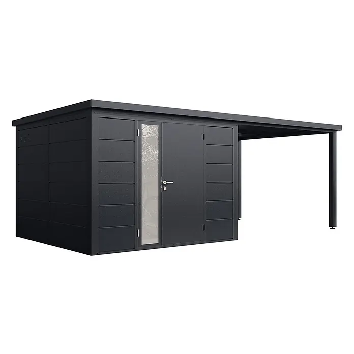 Wolff Finnhaus Gartenhaus Linnea Prime Line - Außenmaß inkl. Dachüberstand (B x T): 590 x 306 cm, Metall, Anthrazit - Dunkelgraues Metall-Gartenhaus mit integriertem Carport und Doppeltüren, eine mit Glaspaneel.