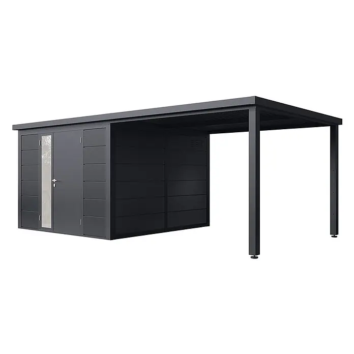 Wolff Finnhaus Gartenhaus Linnea Prime Line - Außenmaß inkl. Dachüberstand (B x T): 590 x 306 cm, Metall, Anthrazit - Dunkelgrauer Metallschuppen mit integriertem Carport, Tür mit Glasscheibe und horizontalen Wandpaneelen für Lagerung und Unterstand.