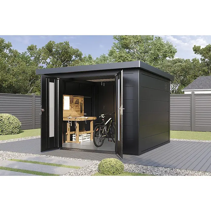 Wolff Finnhaus Gartenhaus Eirik Master Line - Außenmaß inkl. Dachüberstand (B x T): 324 x 332 cm, Metall, Anthrazit - Schwarzes Gartenhaus mit geöffneten Türen, das eine Werkbank und ein Fahrrad im Inneren zeigt, auf einer modernen Terrasse.