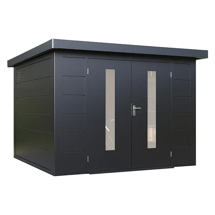 Wolff Finnhaus Gartenhaus Eirik Master Line - Außenmaß inkl. Dachüberstand (B x T): 324 x 332 cm, Metall, Anthrazit - Dunkelgraues Metall-Gartenhaus mit Doppeltür und schmalen vertikalen Fenstern.