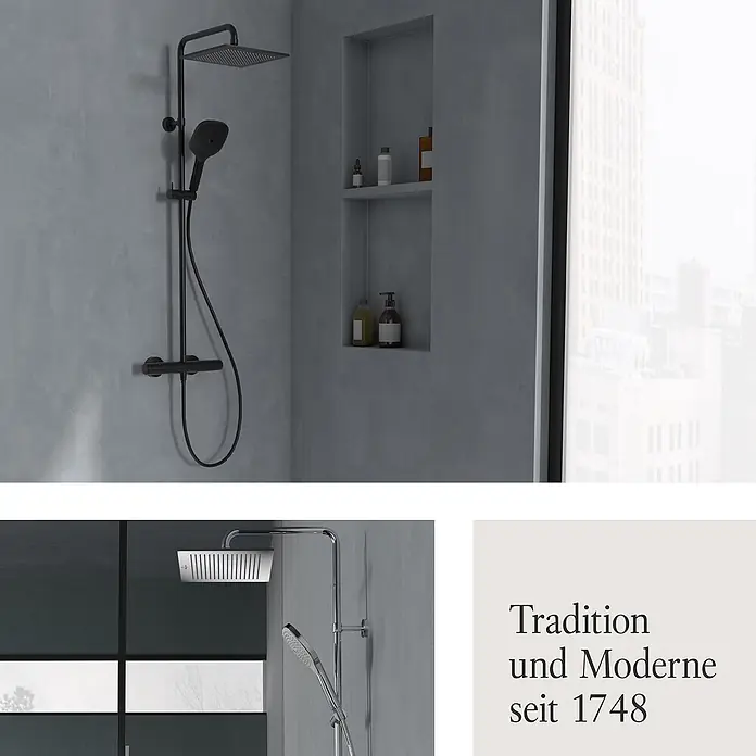 Villeroy & Boch Brausegarnitur - Art Strahl: Mix-Strahl, Matt Black - Mattes schwarzes Duschsystem mit quadratischem Regenduschkopf und Handbrause in einer modernen Dusche.