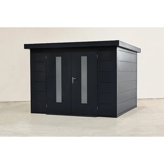 Wolff Finnhaus Gartenhaus Eirik Master Line - Außenmaß inkl. Dachüberstand (B x T): 324 x 332 cm, Metall, Anthrazit - Moderner anthrazitfarbener Metall-Gartenschuppen mit Doppeltüren und Milchglasfenstern.