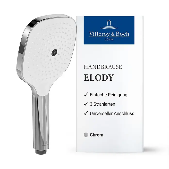 Villeroy & Boch Brausegarnitur - Art Strahl: Mix-Strahl, Chrom - Weiße und verchromte Villeroy & Boch Elody Handbrause.