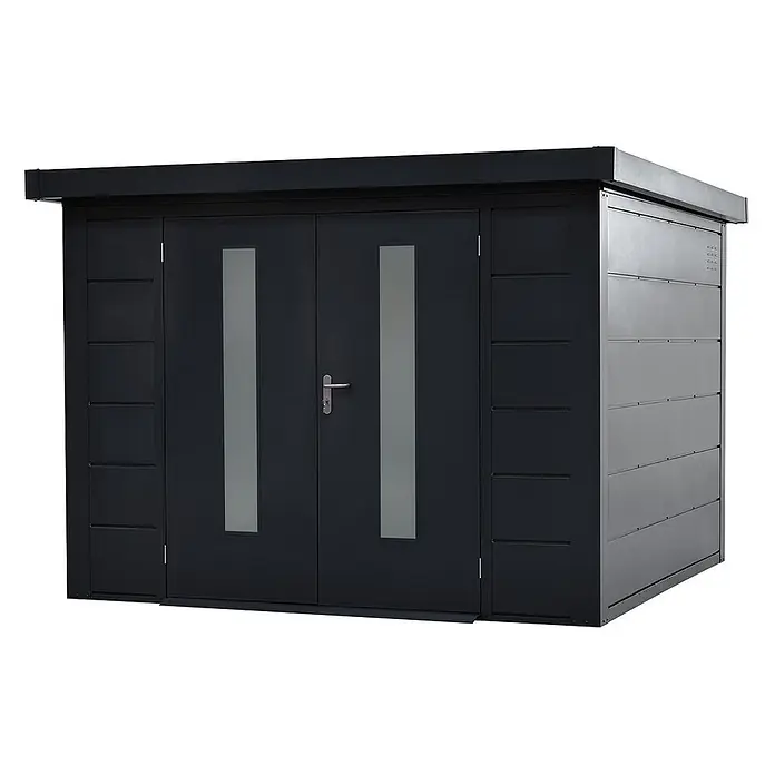 Wolff Finnhaus Gartenhaus Eirik Master Line - Außenmaß inkl. Dachüberstand (B x T): 324 x 332 cm, Metall, Anthrazit - Modernes dunkelgraues Metall-Gartenhaus mit Doppeltüren, Milchglas-Einsätzen und Flachdach.