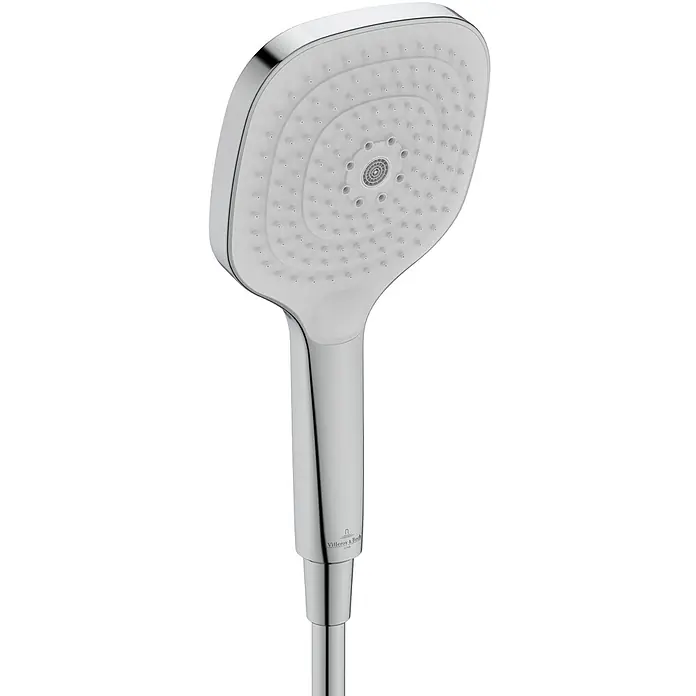 Villeroy & Boch Brausegarnitur - Art Strahl: Mix-Strahl, Chrom - Chromfarbener quadratischer Handbrausekopf mit weißer Düsenplatte und Villeroy & Boch Logo.
