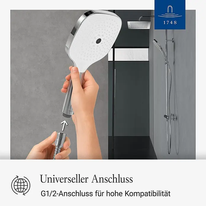 Villeroy & Boch Brausegarnitur - Art Strahl: Mix-Strahl, Chrom - Person verbindet verchromten und weißen Duschkopf mit Schlauch, betont universelle G1/2-Kompatibilität.