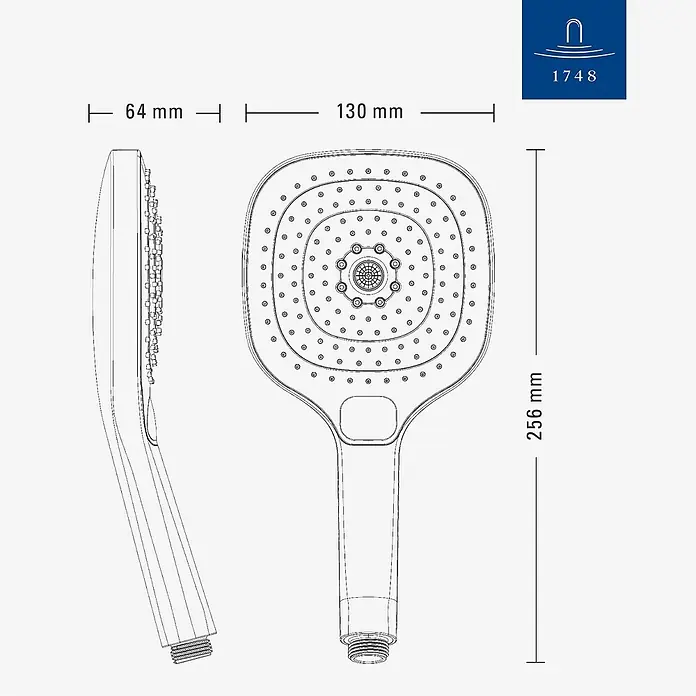 Villeroy & Boch Brausegarnitur - Art Strahl: Mix-Strahl, Chrom - Technische Zeichnung einer rechteckigen Handbrause, 256 mm lang, mit 130 mm breiter Strahlscheibe und 64 mm Dicke.