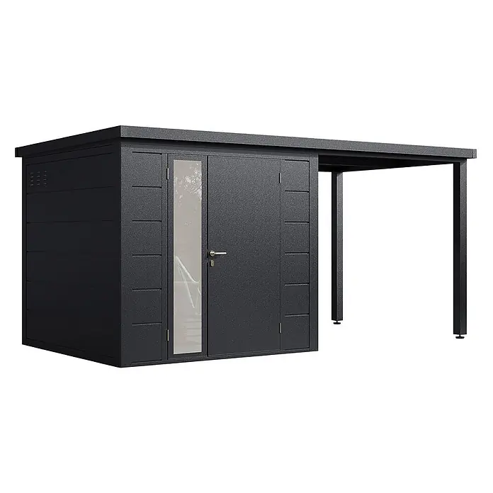 Wolff Finnhaus Gartenhaus Linnea Prime Line - Außenmaß inkl. Dachüberstand (B x T): 460 x 247 cm, Metall, Anthrazit - Modernes, dunkelgraues Metall-Gartenhaus mit Glastür und angebautem offenem Carport.