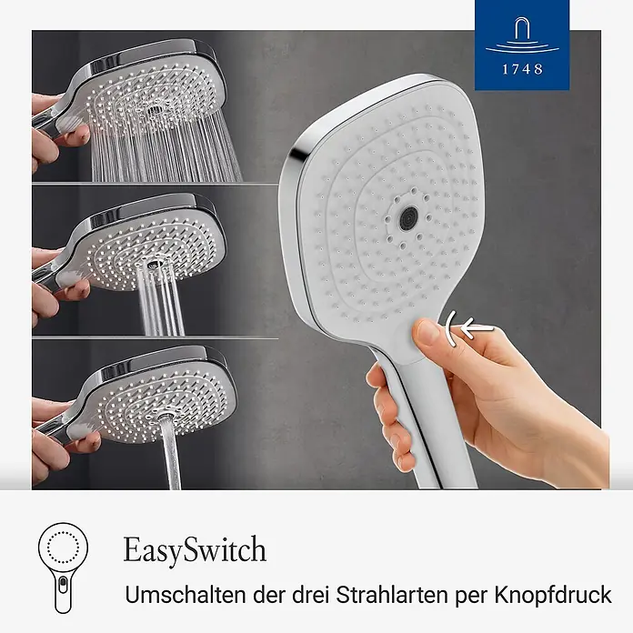 Villeroy & Boch Brausegarnitur - Art Strahl: Mix-Strahl, Chrom - Verchromte Handbrause demonstriert drei Strahlarten. Eine Hand drückt die EasySwitch-Taste zur Modusänderung.