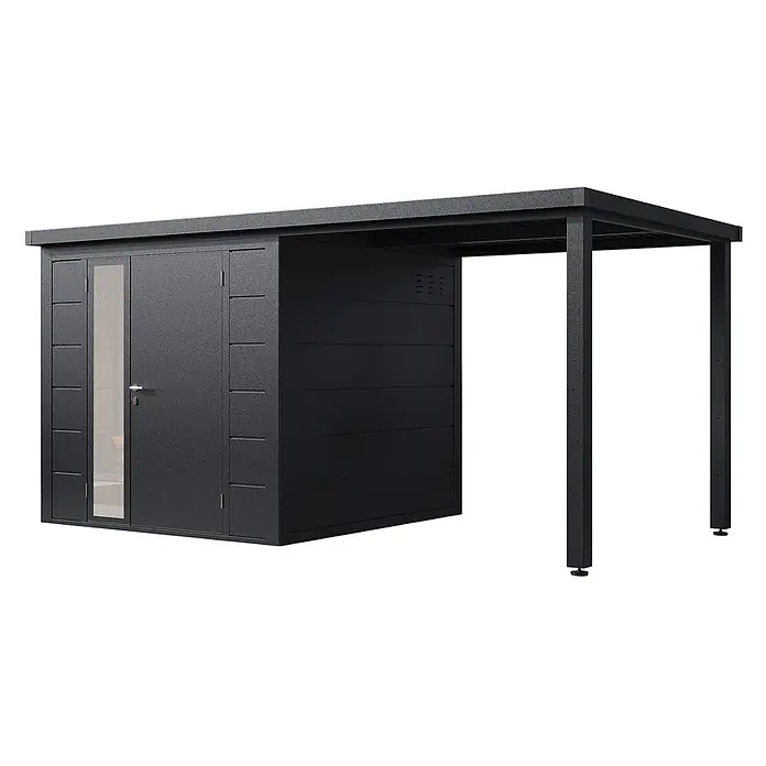 Wolff Finnhaus Gartenhaus Linnea Prime Line - Außenmaß inkl. Dachüberstand (B x T): 460 x 247 cm, Metall, Anthrazit - Dunkelgrauer Metall-Geräteschuppen mit teilverglaster Tür und integriertem Carport-Anbau für Lagerung und Überdachung.