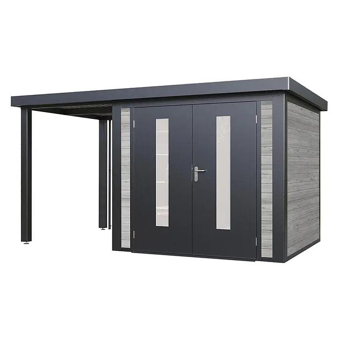 Wolff Finnhaus Gartenhaus Alvar Master Line - Außenmaß inkl. Dachüberstand (B x T): 399 x 272 cm, Holz, Grau - Moderne anthrazitfarbene Gerätehütte mit Carport, hellen Holzpaneelen und Doppeltüren mit vertikalen Glaseinsätzen.