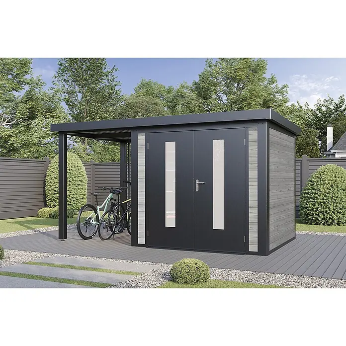 Wolff Finnhaus Gartenhaus Alvar Master Line - Außenmaß inkl. Dachüberstand (B x T): 399 x 272 cm, Holz, Grau - Moderner dunkelgrauer Geräteschuppen mit hellgrauer Holzverkleidung und integriertem Carport für zwei Fahrräder, auf einer Terrasse im Garten.