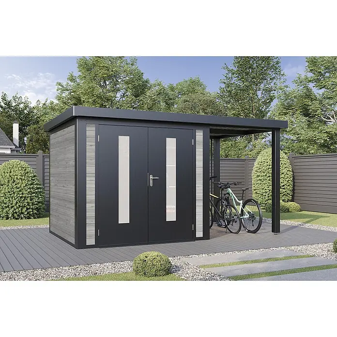 Wolff Finnhaus Gartenhaus Alvar Master Line - Außenmaß inkl. Dachüberstand (B x T): 399 x 272 cm, Holz, Grau - Moderner dunkelgrauer Gartenhaus mit Holzoptik-Verkleidung und integriertem Carport, der zwei Fahrräder auf einer grauen Terrasse schützt.
