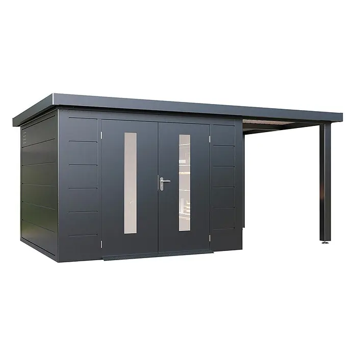 Wolff Finnhaus Gartenhaus Elvar Master Line - Außenmaß inkl. Dachüberstand (B x T): 550 x 272 cm, Metall, Anthrazit - Moderner dunkelgrauer Metall-Gartenschuppen mit Doppeltüren, Glaseinsätzen und integriertem Carport/Vordach.