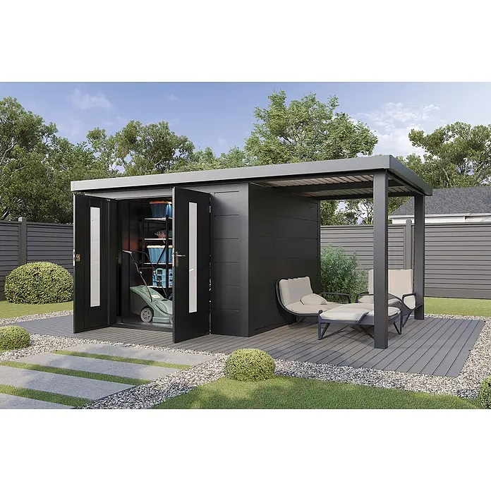 Wolff Finnhaus Gartenhaus Elvar Master Line - Außenmaß inkl. Dachüberstand (B x T): 550 x 272 cm, Metall, Anthrazit - Dunkelgraues Gartenhaus mit integrierter Pergola für Stauraum und Sitzgelegenheiten.