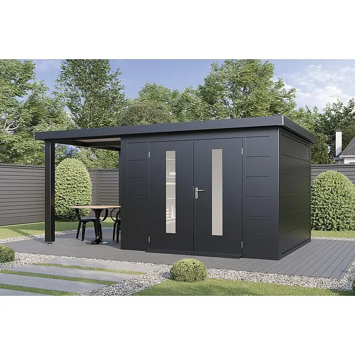 Wolff Finnhaus Gartenhaus Elvar Master Line - Außenmaß inkl. Dachüberstand (B x T): 550 x 272 cm, Metall, Anthrazit - Moderner schwarzer Gartenschuppen mit zwei Glastüren und angegliederter Pergola über einer Essecke.