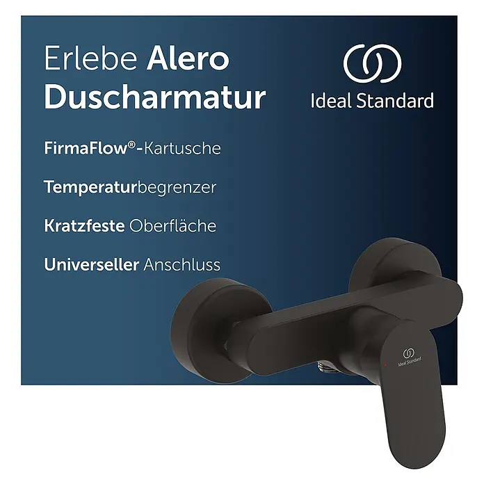 Ideal Standard UP-Brausearmatur - Matt Schwarz, Matt - Schwarze Ideal Standard Alero Duscharmatur vor blauem Hintergrund. Deutscher Text listet Produktmerkmale auf.