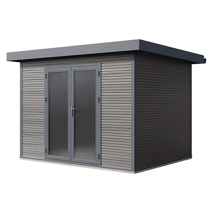 Wolff Finnhaus Gartenhaus Avela Master Line - Außenmaß inkl. Dachüberstand (B x T): 343 x 280 cm, Verbundwerkstoff, Anthrazit - Modernes graues Gartenhaus mit horizontaler Lamellenverkleidung, dunkelgrauem Rahmen, Flachdach und mattierten Doppeltüren.