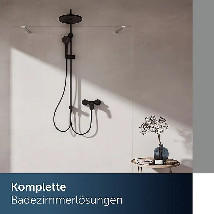 Ideal Standard UP-Brausearmatur - Matt Schwarz, Matt - Modernes schwarzes Duschsystem mit Kopfbrause, Handbrause und Mischer in einer eleganten Glasduschabtrennung im modernen Bad.