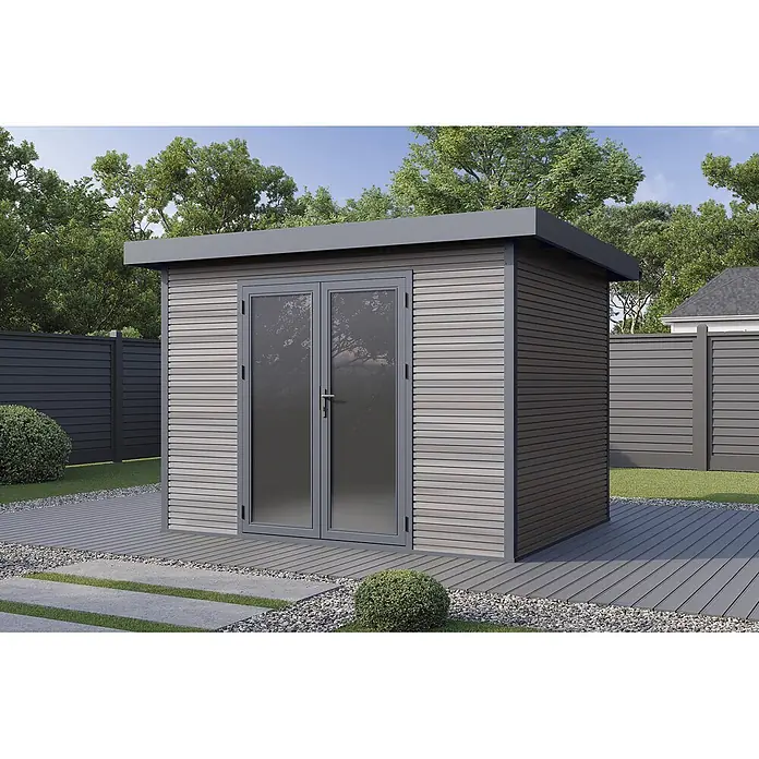 Wolff Finnhaus Gartenhaus Avela Master Line - Außenmaß inkl. Dachüberstand (B x T): 343 x 280 cm, Verbundwerkstoff, Anthrazit - Moderner Gartenpavillon mit grauer Verbundholzfassade und Doppelglastüren, auf einer Terrasse im Garten.
