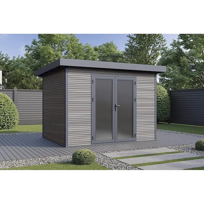 Wolff Finnhaus Gartenhaus Avela Master Line - Außenmaß inkl. Dachüberstand (B x T): 343 x 280 cm, Verbundwerkstoff, Anthrazit - Moderner grauer Gartenschuppen mit Holzoptik-Verbundverkleidung, Flachdach und Doppeltüren, auf einer Terrasse im Garten.