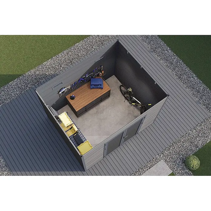Wolff Finnhaus Gartenhaus Avela Master Line - Außenmaß inkl. Dachüberstand (B x T): 343 x 280 cm, Verbundwerkstoff, Anthrazit - Geräumiger grauer Gartenschuppen mit Holzwerkbank, Werkzeugwand, Regalen und Platz für ein Fahrrad auf einer grauen Terrasse.