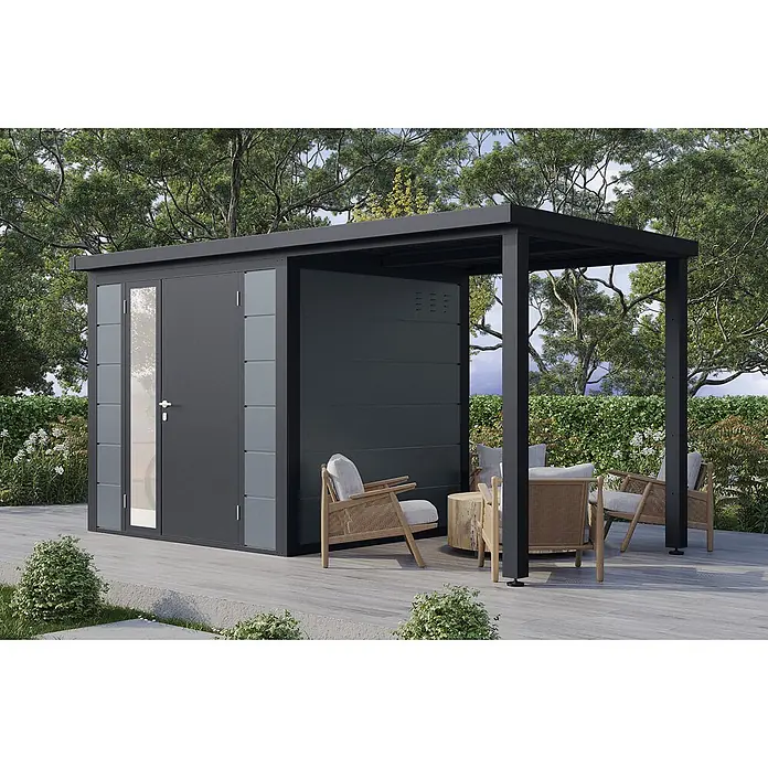 Wolff Finnhaus Gartenhaus Linnea Prime Line - Außenmaß inkl. Dachüberstand (B x T): 429 x 220 cm, Metall, Felsgrau - Anthrazitfarbener Metall-Gartenschuppen mit integrierter Pergola und Sitzbereich im Garten.