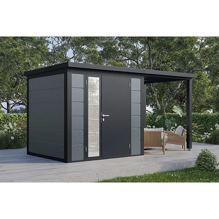 Wolff Finnhaus Gartenhaus Linnea Prime Line - Außenmaß inkl. Dachüberstand (B x T): 429 x 220 cm, Metall, Felsgrau - Moderner dunkelgrauer Metall-Gartenschuppen mit Glasakzenten und integrierter Pergola auf einer Terrasse.