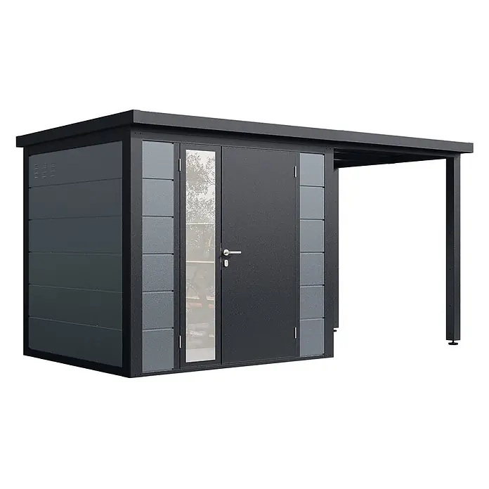 Wolff Finnhaus Gartenhaus Linnea Prime Line - Außenmaß inkl. Dachüberstand (B x T): 429 x 220 cm, Metall, Felsgrau - Dunkelgrauer Metall-Gartenschuppen mit Flachdach, Doppeltüren (eine mit Fenster) und integriertem Carport.