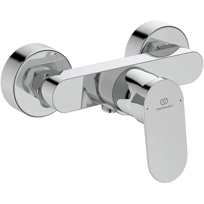 Ideal Standard UP-Brausearmatur - Chrom, Hochglänzend - Polierte Chrom-Einhebel-Duscharmatur mit Ideal Standard Logo und Warm-/Kaltanzeigen.