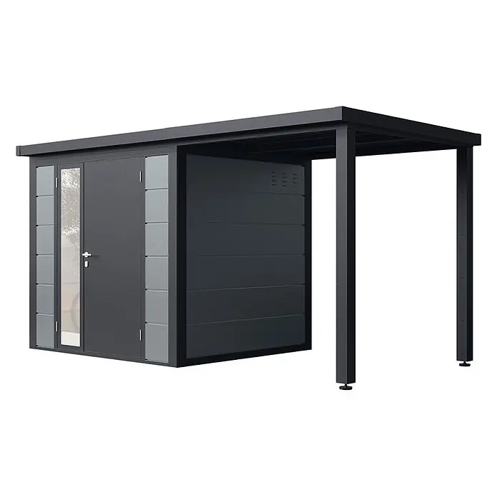 Wolff Finnhaus Gartenhaus Linnea Prime Line - Außenmaß inkl. Dachüberstand (B x T): 429 x 220 cm, Metall, Felsgrau - Dunkelgrauer Metallschuppen mit integriertem Vordach. Beinhaltet eine Lagereinheit und einen offenen überdachten Bereich.