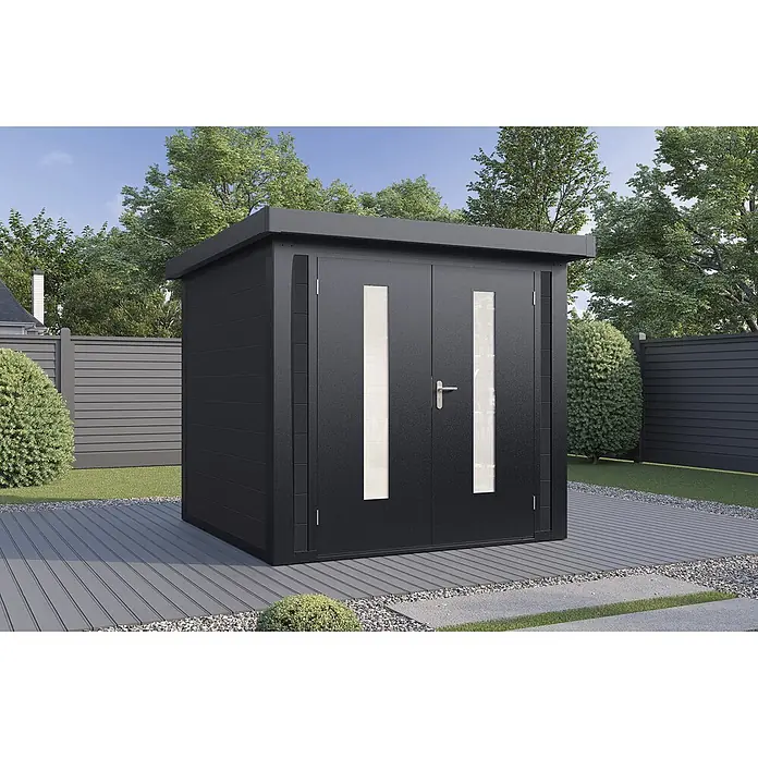 Wolff Finnhaus Gartenhaus Sören Master Line - Außenmaß inkl. Dachüberstand (B x T): 264 x 272 cm, Verbundwerkstoff, Anthrazit - Modernes dunkelgraues Gartenhaus mit Doppeltüren und vertikalen Fenstern auf einer Gartenterrasse.