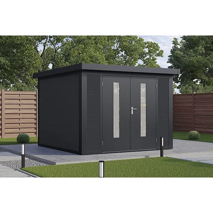 Wolff Finnhaus Gartenhaus Sören Master Line - Außenmaß inkl. Dachüberstand (B x T): 324 x 332 cm, Verbundwerkstoff, Anthrazit - Dunkelgraues Gartenhaus mit Flachdach und Glastüren auf einer Terrasse.