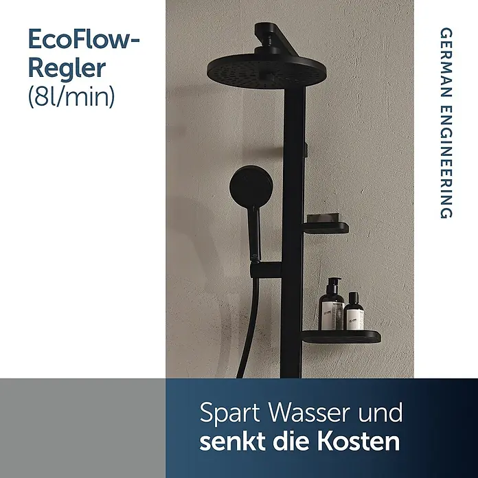 Ideal Standard UP-Brausearmatur - Matt Schwarz, Matt - Schwarzes Duschsystem mit Kopf- und Handbrause, EcoFlow-Wassersparfunktion und integrierten Ablagen.
