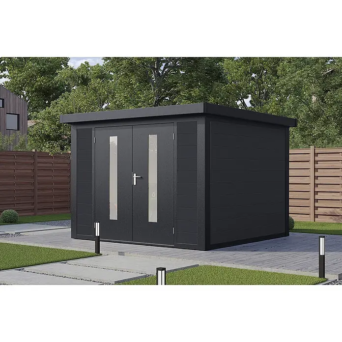 Wolff Finnhaus Gartenhaus Sören Master Line - Außenmaß inkl. Dachüberstand (B x T): 324 x 332 cm, Verbundwerkstoff, Anthrazit - Moderner dunkelgrauer Gartenhaus mit verglasten Doppeltüren auf einer Terrasse.