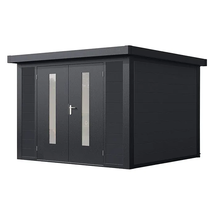 Wolff Finnhaus Gartenhaus Sören Master Line - Außenmaß inkl. Dachüberstand (B x T): 324 x 332 cm, Verbundwerkstoff, Anthrazit - Dunkelgraues Gartenhaus mit Doppeltür und vertikalen Fenstern, mit horizontaler Verkleidung.