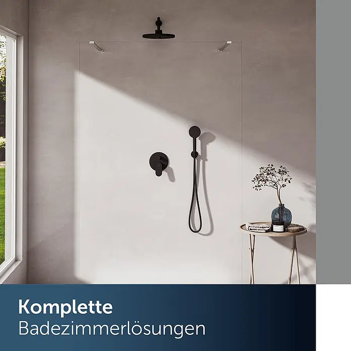 Ideal Standard Duschkopf Alero Schwarz Matt -  - Mattschwarzes Duschsystem mit Regenduschkopf, Handbrause und Mischer in einem modernen Bad mit Glasduschwand.