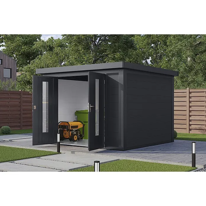 Wolff Finnhaus Gartenhaus Sören Master Line - Außenmaß inkl. Dachüberstand (B x T): 324 x 332 cm, Verbundwerkstoff, Anthrazit - Dunkelgrauer Metall-Gartenschuppen mit geöffneten Doppeltüren, Generator und Mülltonne in modernem Garten.