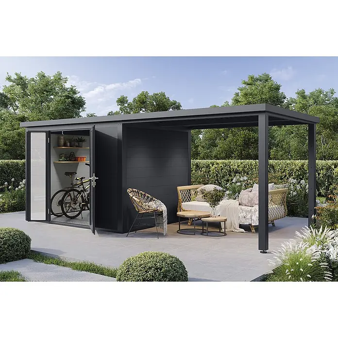 Wolff Finnhaus Gartenhaus Juna Prime Line - Außenmaß inkl. Dachüberstand (B x T): 580 x 247 cm, Verbundwerkstoff, Anthrazit - Dunkelgrauer Geräteschuppen mit Pergola, bietet Stauraum und einen schattigen Sitzbereich im Garten.